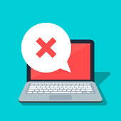 istock Speech bubble with cross on the laptop background. Error or rejection icon. Negative answer. Flat vector illustration isolated on color background. 959121516