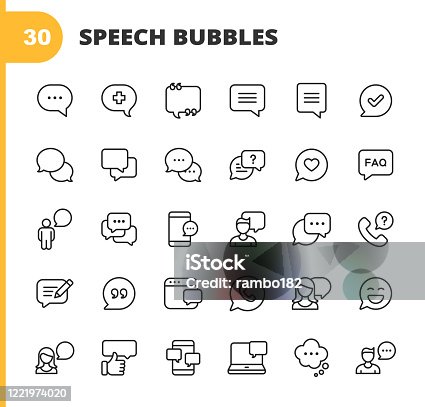 istock Speech Bubbles and Communication Line Icons. Editable Stroke. Pixel Perfect. For Mobile and Web. Contains such icons as Speech Bubble, Message Bubble, Chat, Online Communication, Smartphone, Video Conference, Feedback, Telephone, Web Browser. 1221974020