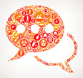 Speech Bubbles Climate Change Vector Icon PatternThis global warming themed illustration is composed of the main object filled with red and orange climate change icons. The icons are placed on round buttons and form a seamless pattern that completely fills the outlines of the main object. The buttons vary in size and color. The individual icons include classic global warming imagery such as the planet and industrial icons, recycling theme is also covered in this set. The background of the illustration is light in color.