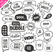 Set of speech bubbles related objects and elements. Hand drawn doodle illustration collection isolated on white background. Grouped with text easily removed. Editable stroke/outline.