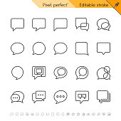 Speech bubble thin icons. Pixel perfect. Editable stroke.