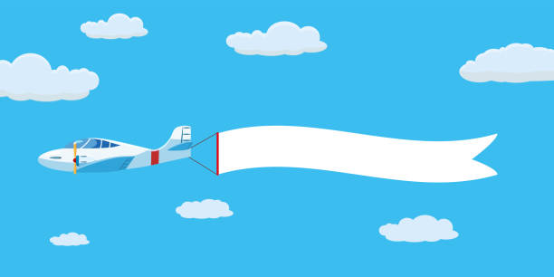 ilustraciones, imágenes clip art, dibujos animados e iconos de stock de avión de avión de velocidad jet con la cinta de la bandera de la publicidad en el cielo nublado. ilustración aislada vectorial - private plane
