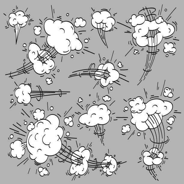Speed cloud comic. Cartoon fast motion clouds, smoke effects and motions trail vector elements set Speed cloud comic. Cartoon fast motion clouds, smoke effects and motions trail. Drawing wind steam, puff explosion and dust fog motion. Cloudy vector isolated elements set cumulus cloud stock illustrations