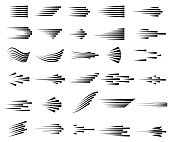 Speed lines icons. Set of fast motion symbols. Black lines on white background. Simple striped effects. Vector illustration.