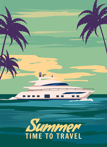 Speedboat Trip poster retro, boat on the ocean, sea. Tropical cruise, sailboat, palms, summertime travel vacation. Vector illustration vintage style