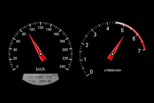 Speedometer and tachometer. Round scales on black background