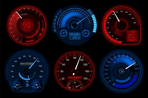 Speedometer. Auto speedometers, car boost dashboard. Isolated circle automobile or motorbike power. Speed control panels recent vector set