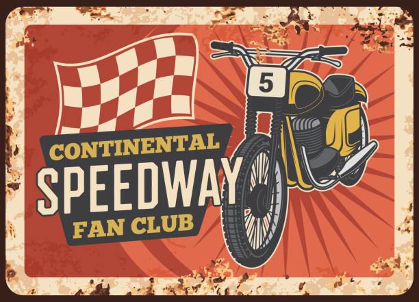 Speedway motorcycle metal plate rusty, moto club Speedway motorcycle metal plate rusty, moto bikers fan club, vector vintage retro poster. Speedway motocross moto racing and custom chopper bike garage, motorcycle with championship finish flag garage borders stock illustrations