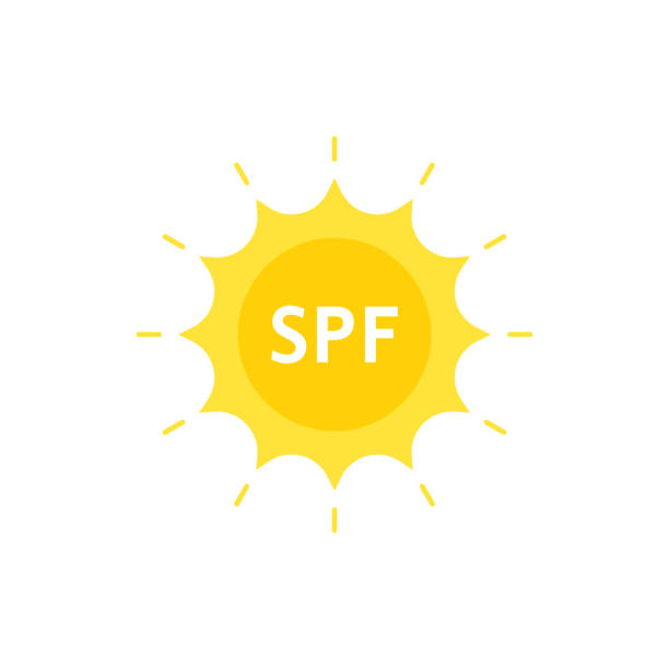 spf like sun protection factor on sun spf like sun protection factor on sun. flat style graphic design on white background. concept of yellow emblem for cosmetic tube with lotion or spray and symbol of body care in vacation ultraviolet light stock illustrations