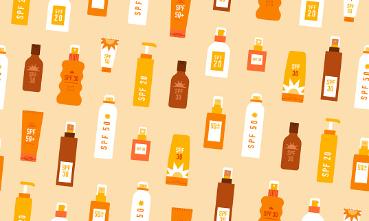 Different sun protection cosmetics. Seamless pattern with sunscreens. Vector illustration
