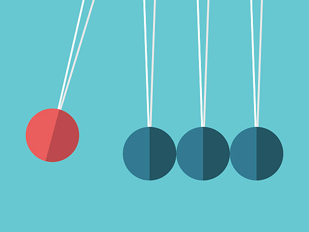 Spheres on threads concept Newton's cradle. Red sphere hanging on threads hitting many blue ones. Leadership, power and uniqueness concept. Flat design. EPS 8 vector illustration, no transparency isaac newton stock illustrations