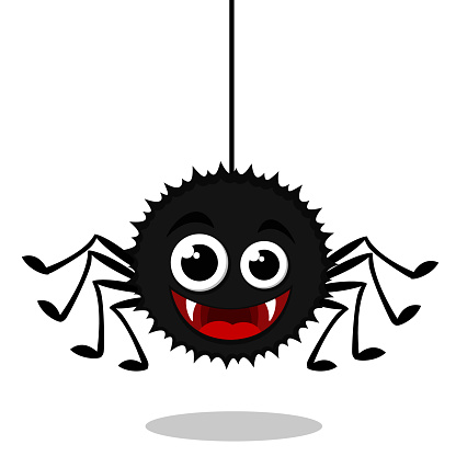 Spider hangs on a web and smiles, a character on a white background.