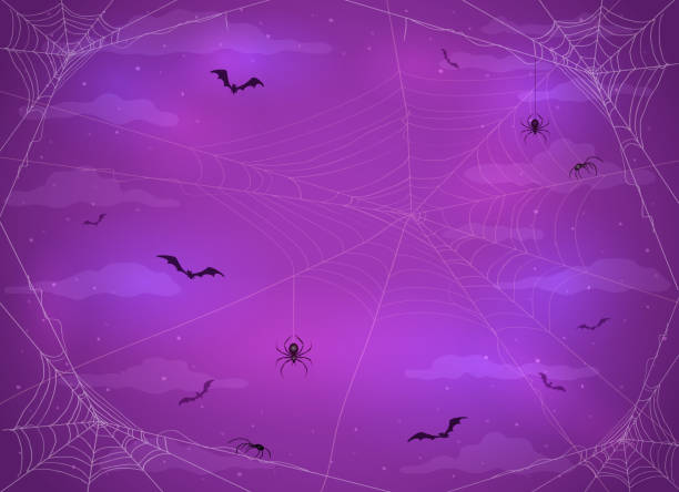 Spiders and Bats on Halloween Purple Background Purple night background with black spiders on cobwebs and flying bats. Illustration can be used for children's holiday design, cards, invitations and banners. halloween background stock illustrations