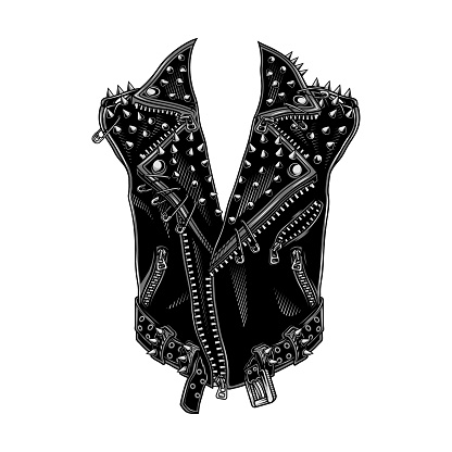 Vector illustration in engraving technique of blue biker jacket with spikes and pins. Isolated on white.