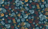 Abstract geometric hand-drawn seamless pattern of randomly scattered spiral circles, triangles and squares. Vector doodle background.