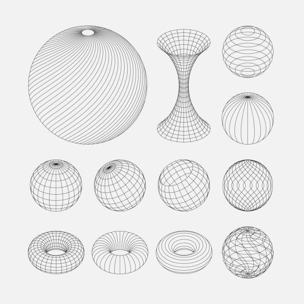 illustrazioni stock, clip art, cartoni animati e icone di tendenza di linee rotanti circolari a spirale. oggetti sfera wireframe. linea di rete, sfera di progettazione hud. - contorno forma