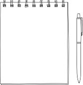 spiral notebook and ballpoint Pen hand drawn vector line art illustration