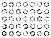 Set of vortex and whirlpool symbols. Swirling circles. Vector design elements isolated on white background