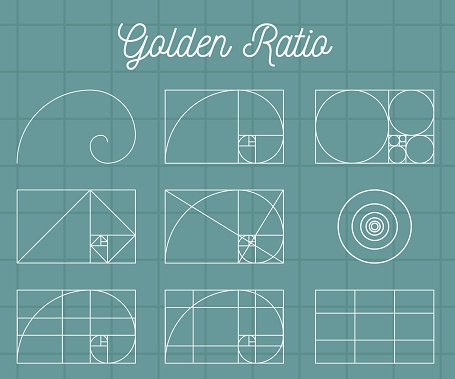 Spirals and geometric shapes with golden ratio, vector illustration isolated.