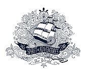 Hand drawn vintage label with a ship and lettering. This illustration can be used as a print on T-shirts and bags.