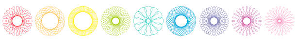 Spirograph graphic flowers, colorful different geometric circular patterns. Isolated vector illustration on white background. vector art illustration