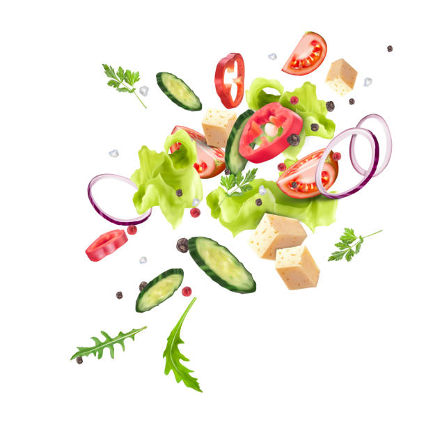 illustrations, cliparts, dessins animés et icônes de une touche de salade de légumes frais. végétarisme, vitamines, alimentation saine, alimentation. composition dynamique réaliste de vecteur 3d d'isolement sur le fond blanc - légume volant