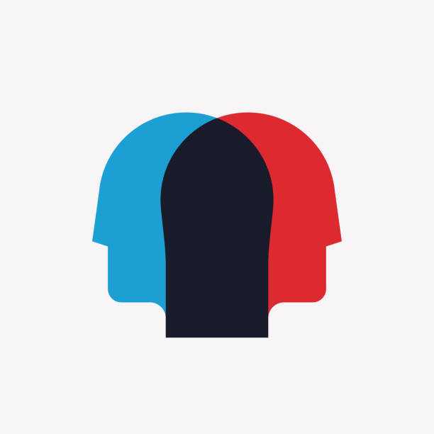 Split personality, psychosis, mental health concept with two crossed human heads silhouettes in red and blue colors. Vector illustration Split personality, psychosis, mental health concept with two crossed human heads silhouettes in red and blue colors. Vector eps 10 illustration twins stock illustrations