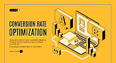 Conversion rate optimization online service isometric vector web banner with A B split testing results on laptop screen illustration. Internet marketing, e-commerce seo startup landing page template