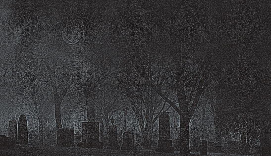 Spooky cemetery at night with full moon