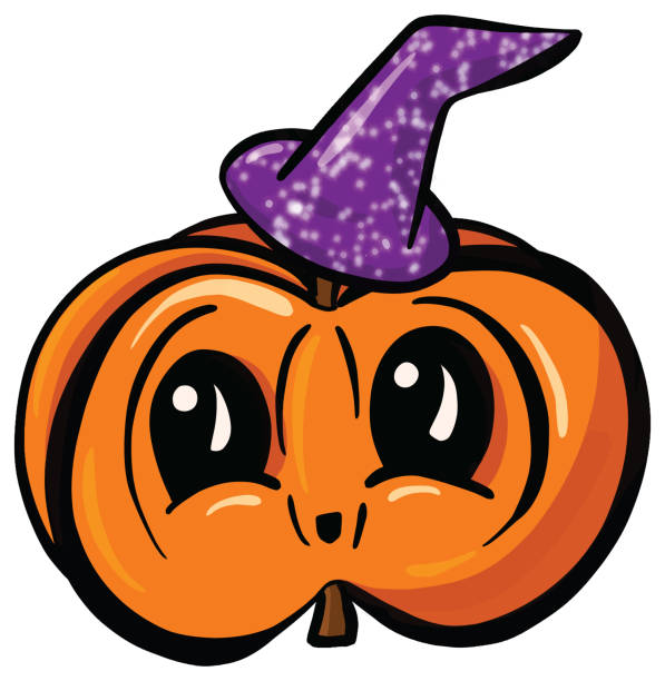 bildbanksillustrationer, clip art samt tecknat material och ikoner med spooky fun halloween pumpa karaktär klädd i häxor hatt illustration - squash sun