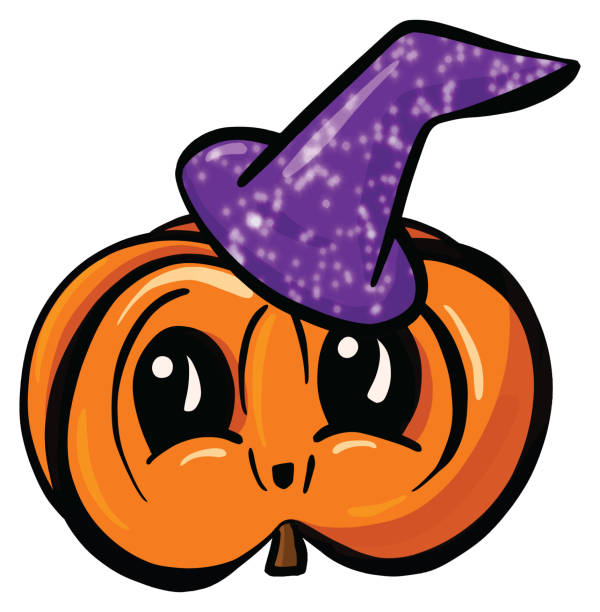bildbanksillustrationer, clip art samt tecknat material och ikoner med spooky fun halloween pumpa karaktär klädd i häxor hatt illustration - squash sun