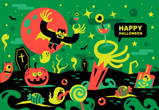 ilustrações de stock, clip art, desenhos animados e ícones de spooky hand coming out of the grave and holding a cocktail glass cheering with vampire and ghost in a cheers halloween party - covid cemiterio