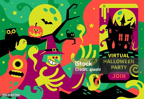 istock Spooky happy witch invites you to join the Virtual Halloween Party on an App 1343057705