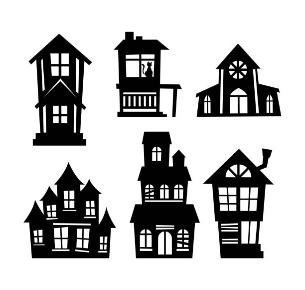 Spooky houses on white background Cartoon set of black halloween holiday silhouette elements of spooky houses isolated on white background. Black creepy houses. Concept of happy halloween. Flat cartoon vector illustration window silhouettes stock illustrations