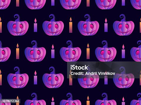 istock Spooky pumpkins and candles seamless pattern. Halloween festive background for wrapping paper, print, fabric and printing. Vector illustration 1278012341