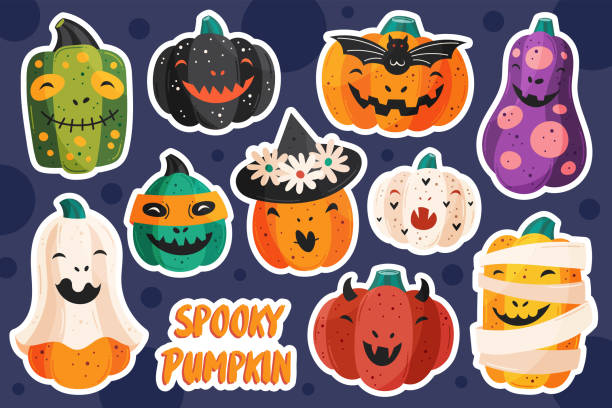 Spooky Pumpkins In Different Styles. Halloween Illustration. Vector Flat Colorful Design. Art For Children. Sticker Sheet.
