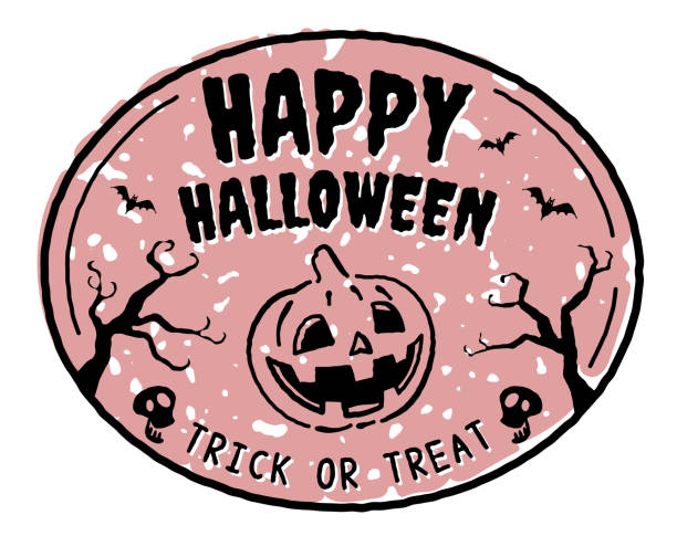 Spooky Rubber Stamp with Pumpkin, Happy Halloween, Wilted Tree, and Bat vector art illustration