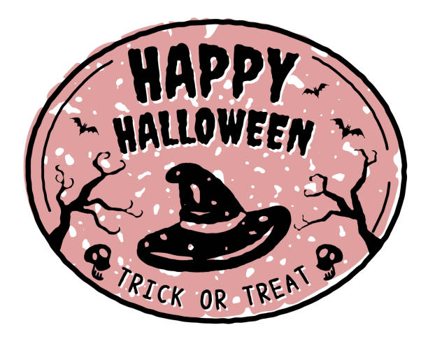 Spooky Rubber Stamp with Witch's Hat, Happy Halloween, Wilted Tree, and Bat vector art illustration