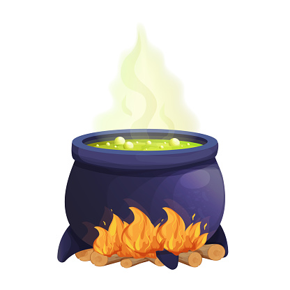 Spooky witch caldron with green magic soup, fire in cartoon style isolated on white background. Ui asset, lab game, withcraft object. Vector illustration