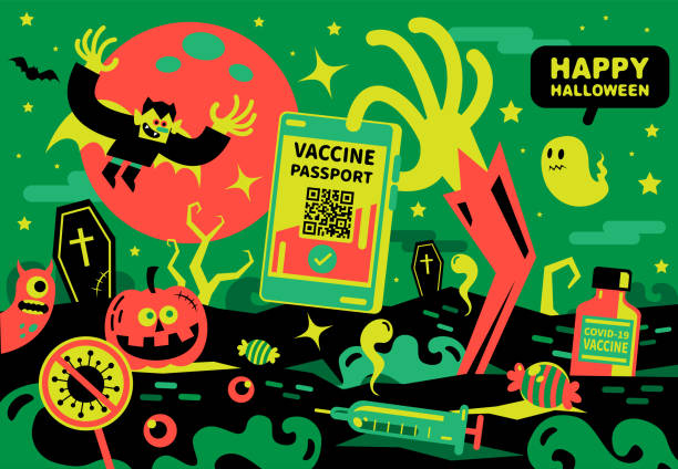 ilustrações de stock, clip art, desenhos animados e ícones de spooky zombie hand coming out of the grave and holding a smartphone with covid-19 vaccine passport app, the vampire and ghost and bat flying in the dark sky, halloween safety concept - covid cemiterio