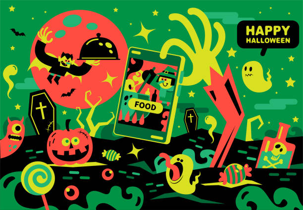 ilustrações de stock, clip art, desenhos animados e ícones de spooky zombie hand coming out of the grave and ordering food on a smartphone, witch chef cooking in the kitchen, vampire flying and delivering food - covid cemiterio