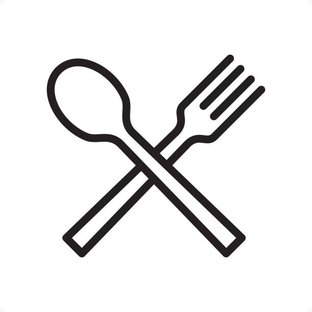 illustrazioni stock, clip art, cartoni animati e icone di tendenza di cucchiaio e forchetta - icona contorno - pixel perfect - cucchiaio