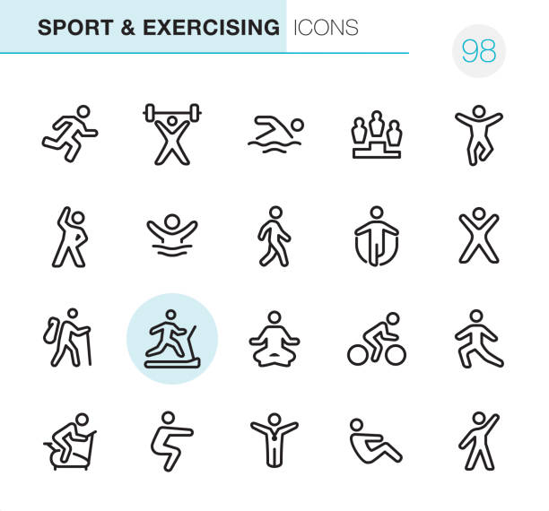 Sport and Exercising - Pixel Perfect icons 20 Outline Style - Black line - Pixel Perfect icons / Sport & Exercising Set #98 Icons are designed in 48x48pх square, outline stroke 2px.  First row of outline icons contains:  Running, Weightlifting, Swimming, Winners Podium, Jumping;  Second row contains:  Exercising, Diving, Walking, Skipping, Gym;  Third row contains:  Hiking, Treadmill, Yoga, Cycling, Stretching;   Fourth row contains:  Exercise Bike, Squats, Winner, Sit-ups, Aerobics.  Complete Primico collection - https://www.istockphoto.com/collaboration/boards/NQPVdXl6m0W6Zy5mWYkSyw human body outline stock illustrations