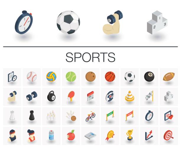 스포츠 및 피트 니스 아이소메트릭 아이콘입니다. 3 차원 벡터 - 공 스포츠 장비 stock illustrations