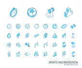Isometric line icon set. 3d vector colorful illustration with sport and fitness symbols. Ball, game, cup medal, trophy, football, volleyball colorful pictogram Isolated on white