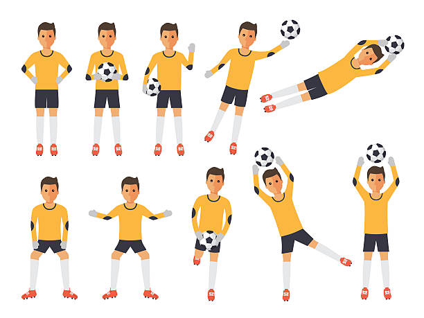 sport athlete-01 Soccer sport athletes, football goalkeeper playing, kicking, training and practicing football. Flat design characters. goalie stock illustrations