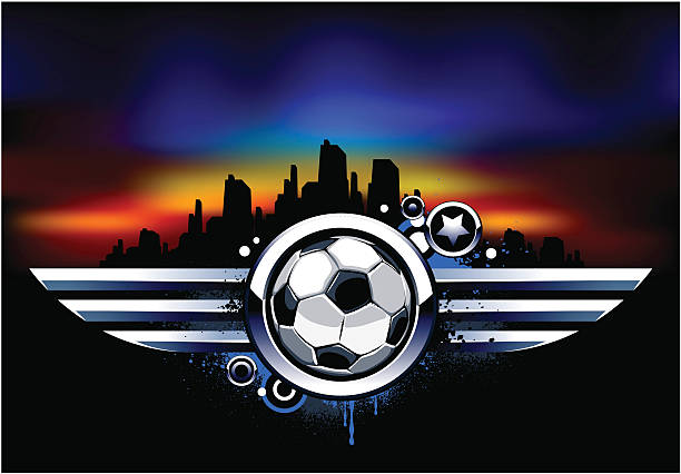 Sport background. Soccer ball with metal wings. Grunge style with...
