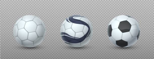 Sport ball. Realistic football equipment. 3D objects for active games on transparent background. Competition symbol or soccer league logo templates. Vector black and white spheres set Sport ball. Realistic football equipment. 3D round objects for active games on transparent background. Competition symbol templates or soccer league logo mockup. Vector black and white spheres set background of a classic black white soccer ball stock illustrations