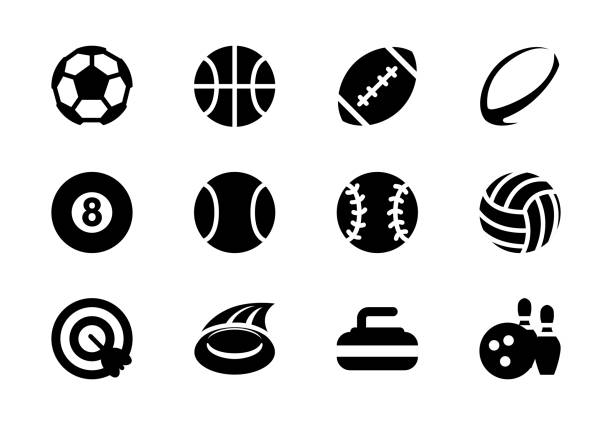 運動球向量圖示。足球， 美式足球， 橄欖球， 籃球， 檯球， 網球， 壘球， 排球， 飛鏢遊戲， 冰壺， 保齡球孤立的符號收集 - 排球 團體運動 幅插畫檔、美工圖案、卡通及圖標