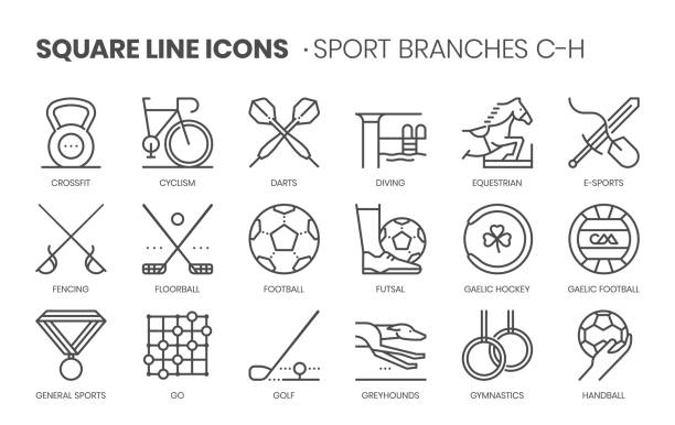 ilustrações de stock, clip art, desenhos animados e ícones de sport branches related, square line vector icon set - futsal